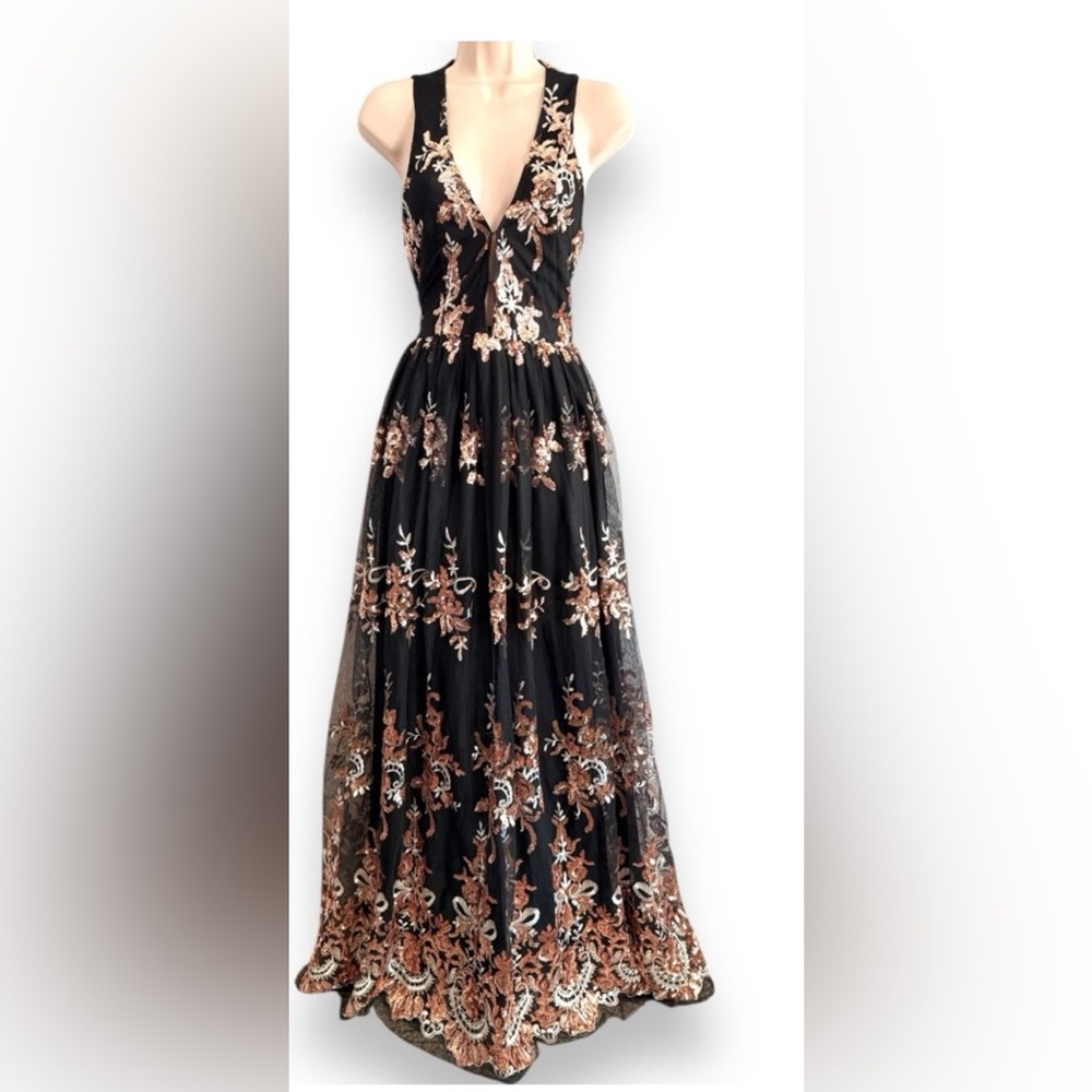 Southern Fried Chics Enchanted Sequin Evening Dress Rose Gold Large Black NWT